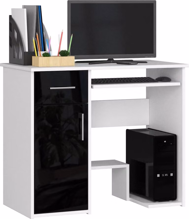 Scrivania elegante JAY in bianco e nero lucido 90 cm con ripiano estraibile per tastiera