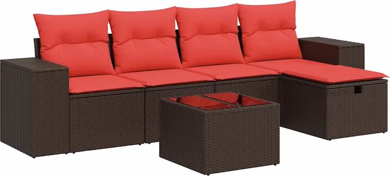 Set Divano da Giardino 6 pz con Cuscini Marrone in Polyrattan