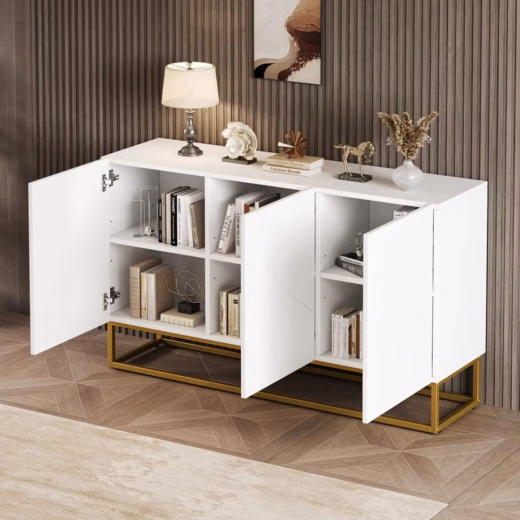 Credenza OKWISH moderna con 3 ante e ripiani regolabili, finitura lucida a righe, per soggiorno, ingresso o sala da pranzo, L: 130 cm, P: 35 cm, H: 76 cm, bianco e oro – 2
