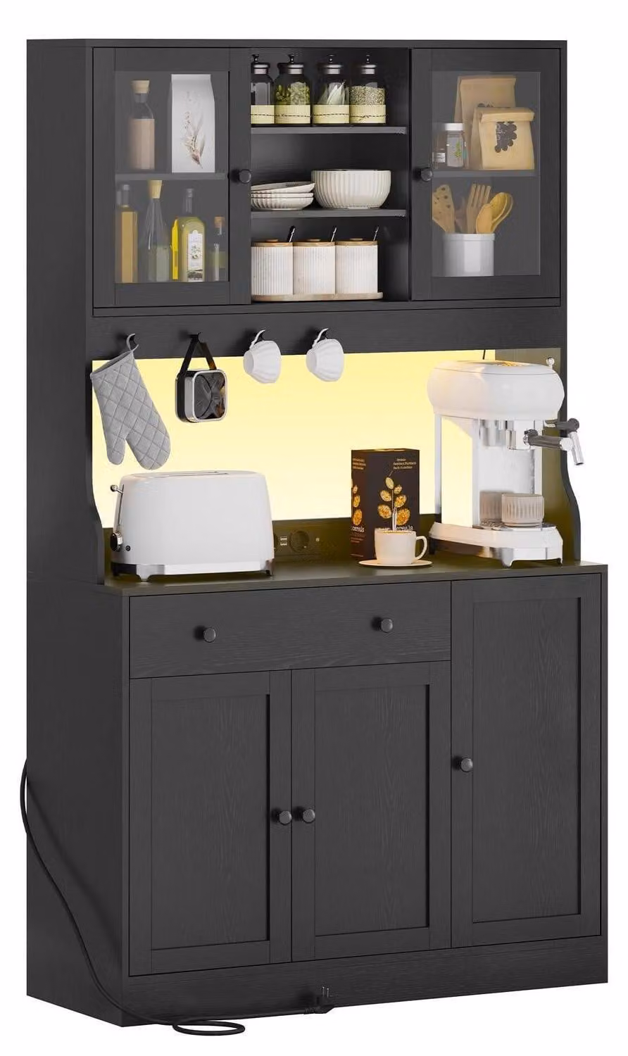 Mobiletto da cucina, credenza laterale con illuminazione LED e presa di corrente, dimensioni 103,5 x 40 x 180 cm, colore nero