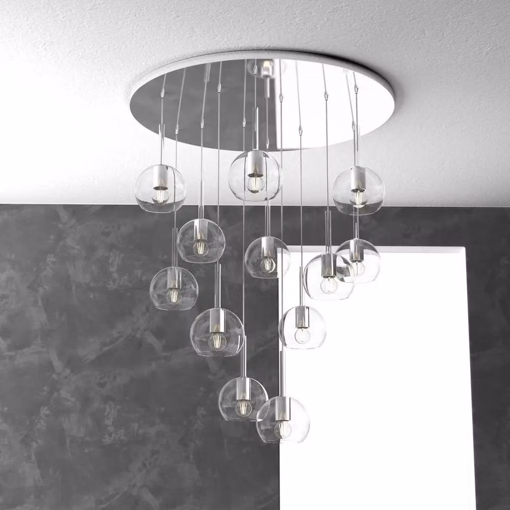 Lampadario Sospeso Contemporaneo Top Light in Metallo Cromo e Vetro Trasparente con 12 Luci E27 – 2