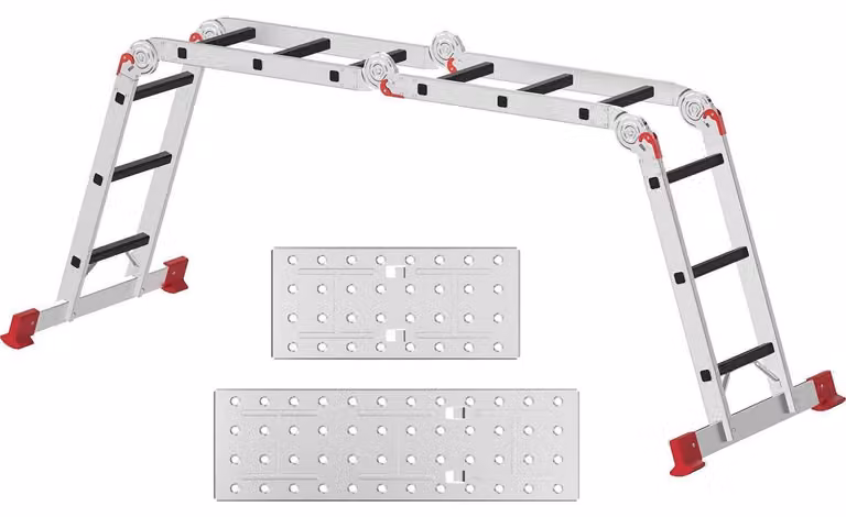 Scala multiuso in alluminio, 3,4 metri, 4x3 gradini, colore argento/rosso