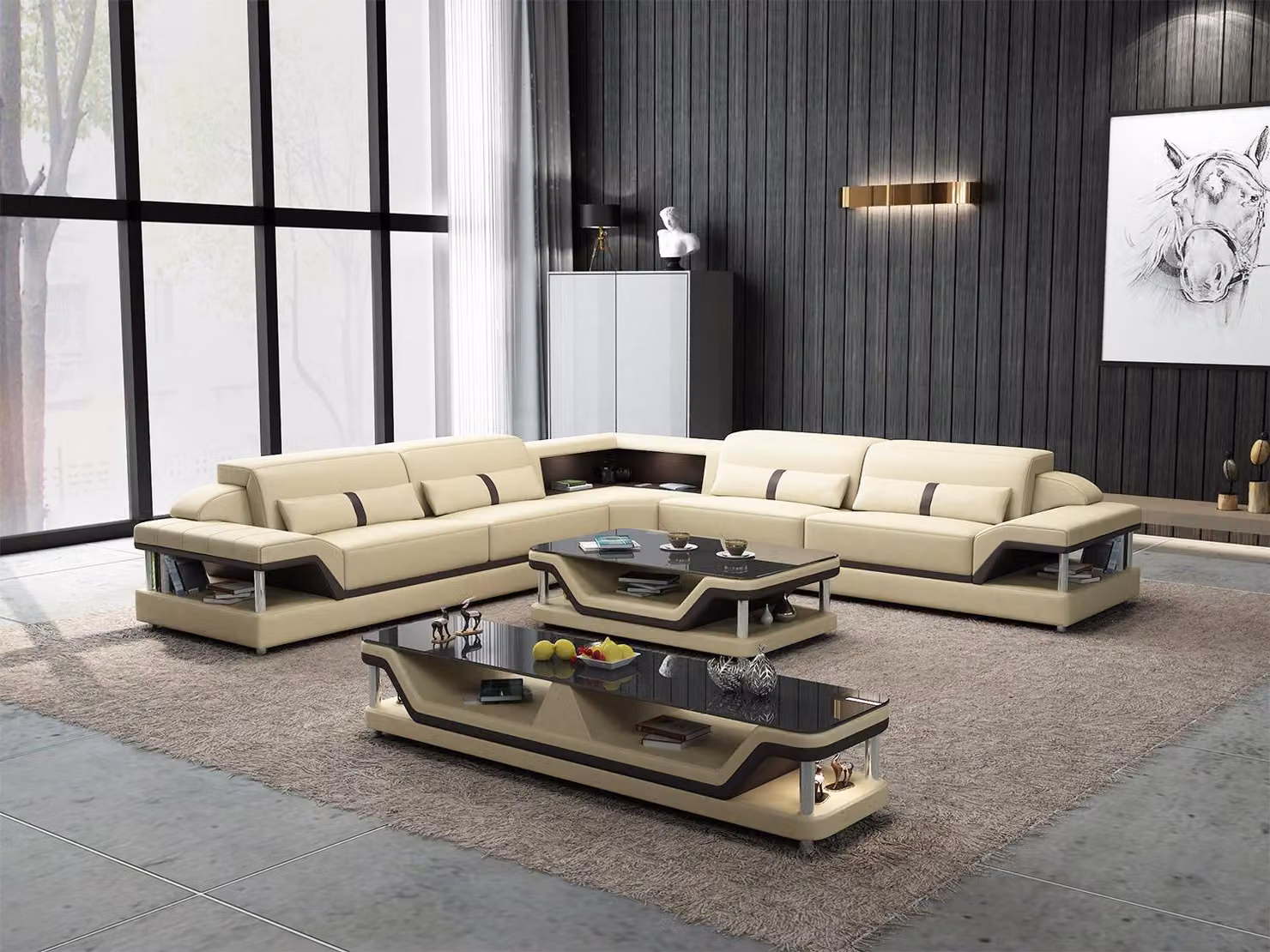 Ecksofa Schwarz mit Couchtisch 3tlg. Wohnzimmer Ledersofa Set Eckgarnitur Tisch