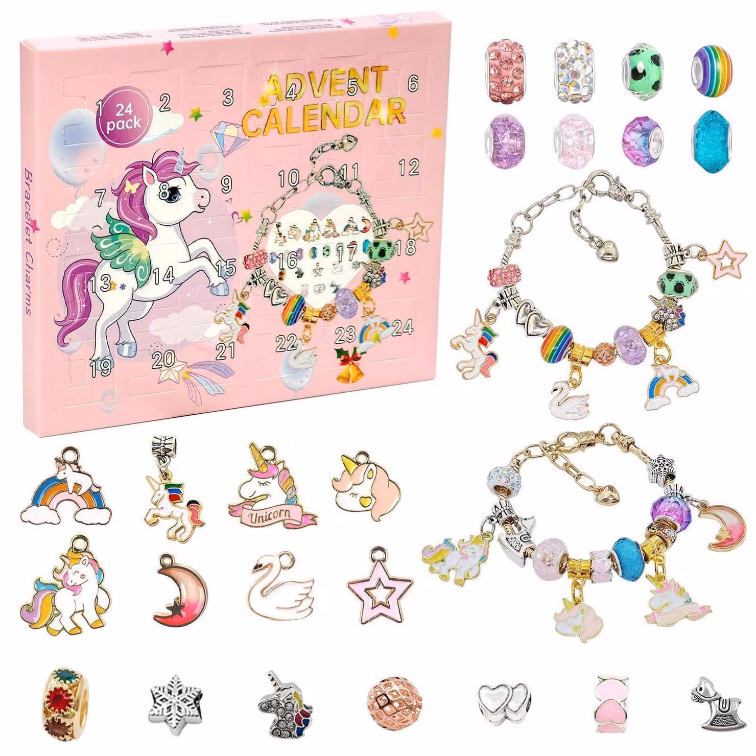Kit per creare gioielli fai-da-te a tema unicorno per l'avvento, con braccialetti, ciondoli e perline