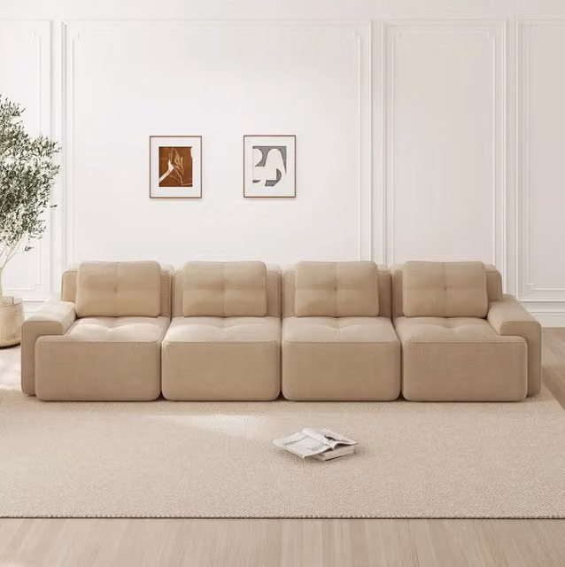 Divano modulare senza montaggio in velluto a coste Beige; 382x104x69 cm