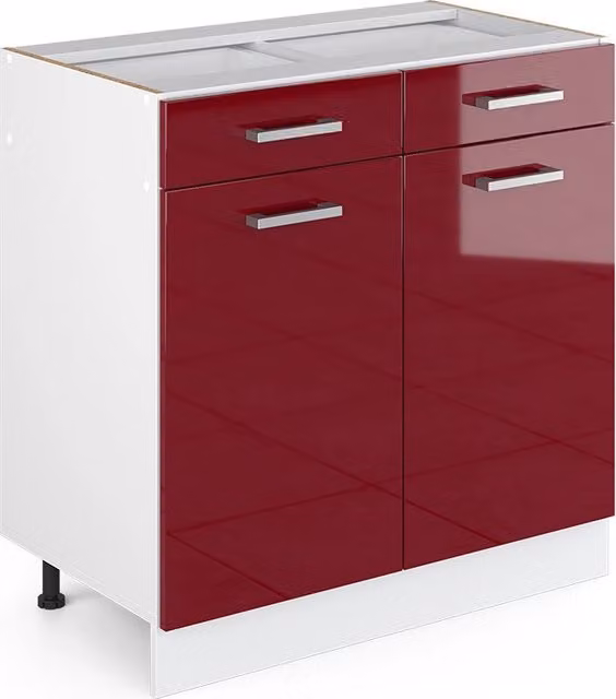 Mobiletto base per cucina Vicco R-Line con ante a battente, Rosso lucido/Bianco/Grigio, L: 80 cm