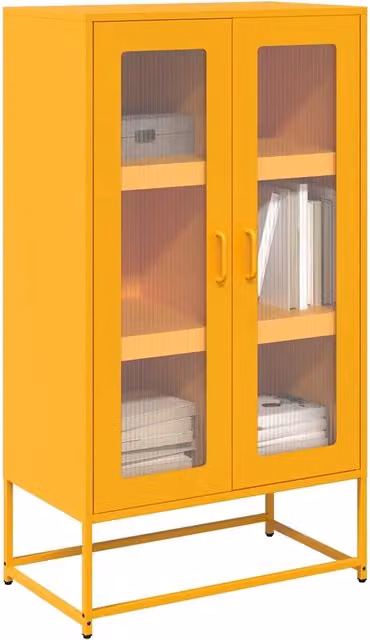 Credenza Buffet Design Mania Giallo con Ante in Vetro e Ripiani Interni in Acciaio L: 68 cm, P: 39 cm, H: 123 cm