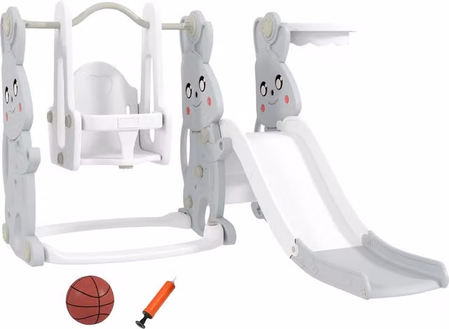 AIYAPLAY Struttura da gioco 4 in 1 con scivolo, altalena, parapetto e canestro per bambini, Grigio, L: 147.5 cm, P: 160 cm, H: 107 cm