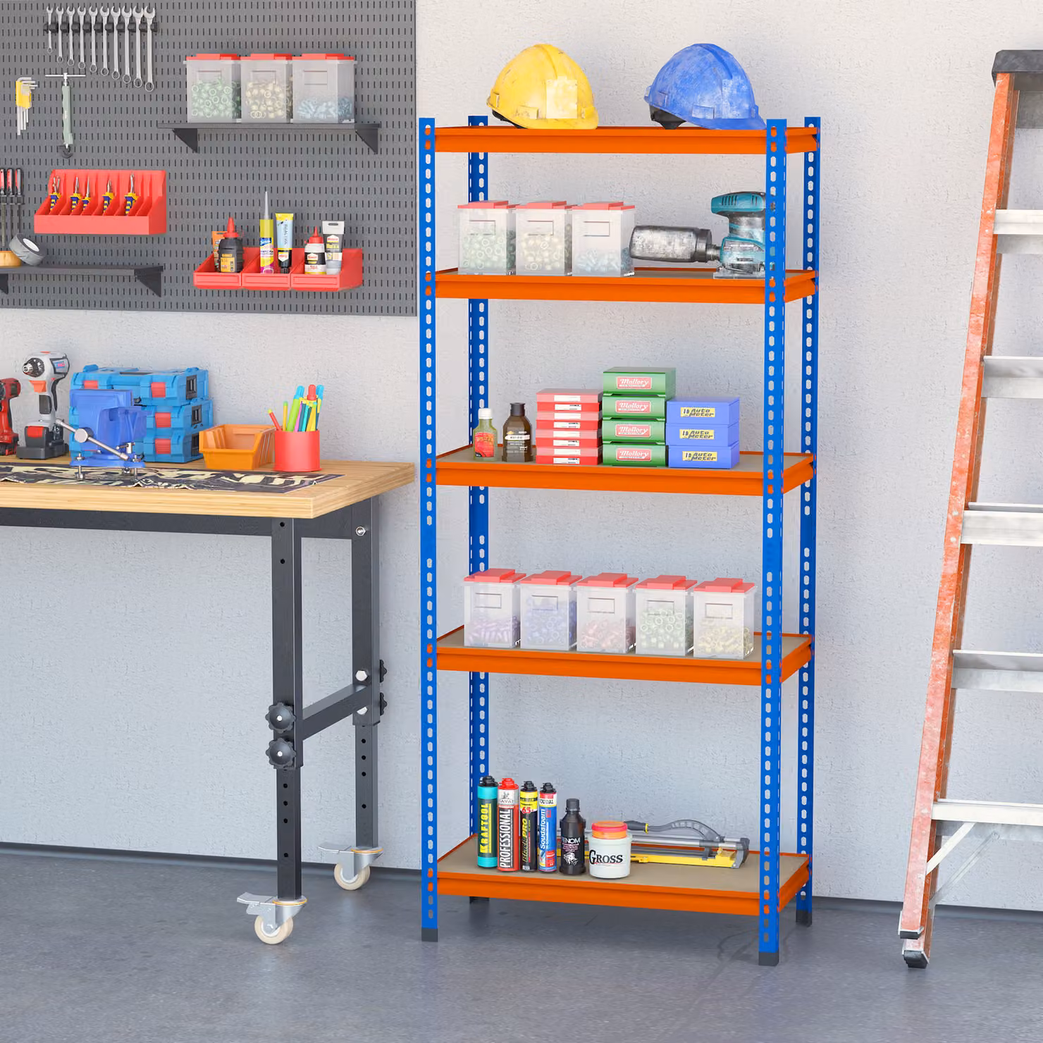 Scaffale da garage HOMCOM in metallo e MDF con 5 livelli regolabili, capacità 1500 kg, blu e arancione, L 80 cm x P 40 cm x H 182 cm – 2