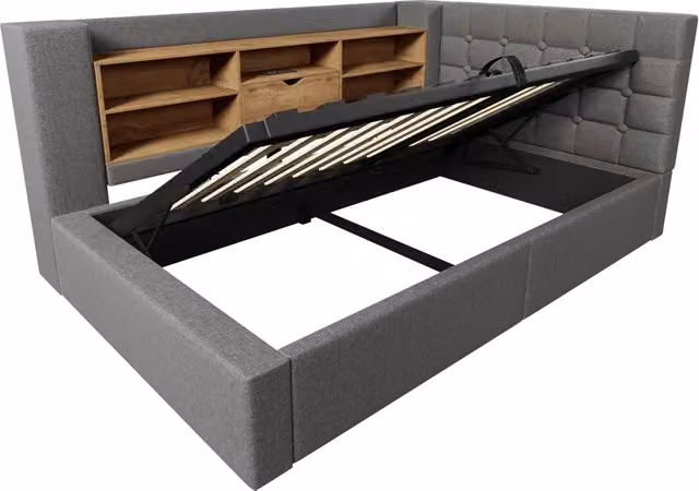 Letto singolo imbottito 90x190 cm con illuminazione LED, contenitore idraulico e testiera L reversibile in tessuto lino grigio (senza materasso)