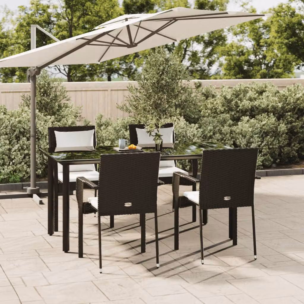 Set da Pranzo da Giardino vidaXL in Polyrattan Nero con Cuscini e Tavolo in Vetro, 5 Pezzi