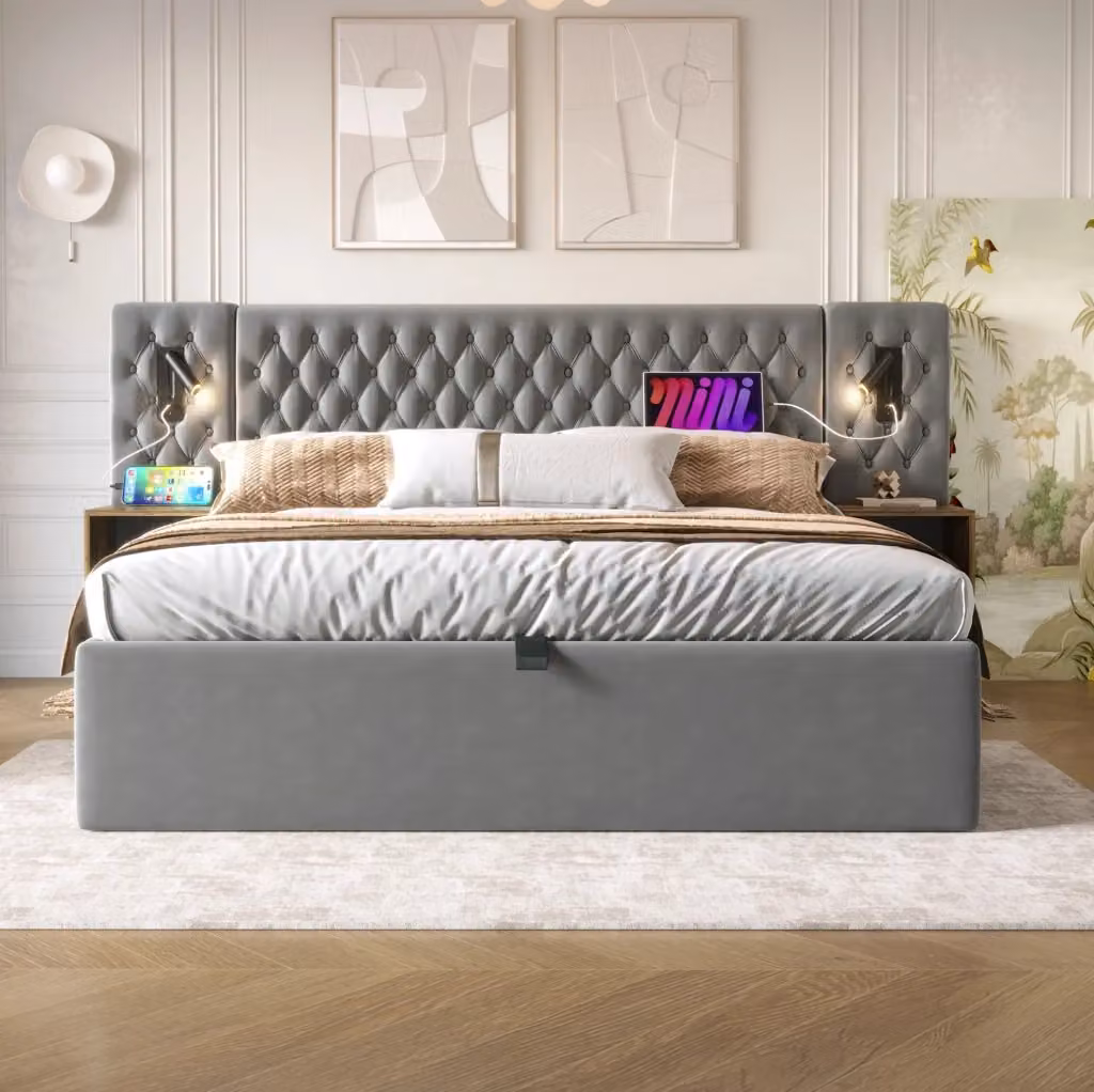 Letto matrimoniale MODFU con contenitore a sollevamento, rivestimento in velluto grigio, luci da lettura integrate, mensole e porte USB/Type-C, L/P: 160 x 200 cm – 2