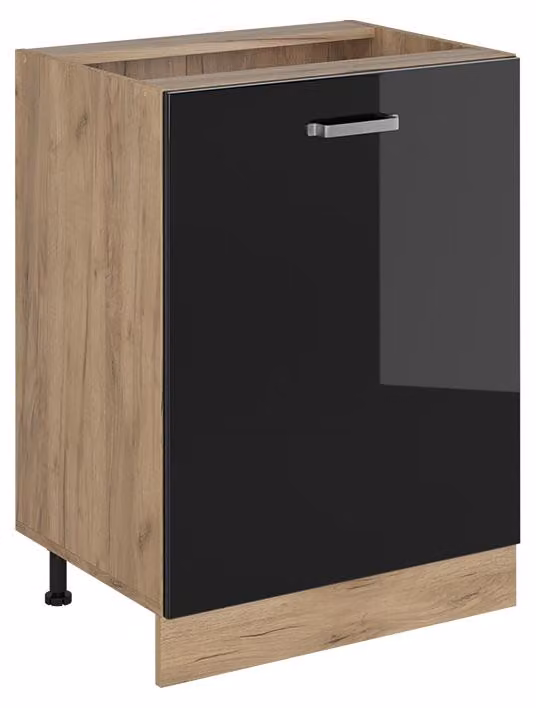 Mobiletto base cucina Vicco R-Line Nero lucido/Rovere dorato 60 cm con 1 porta senza piano di lavoro, Model 72198