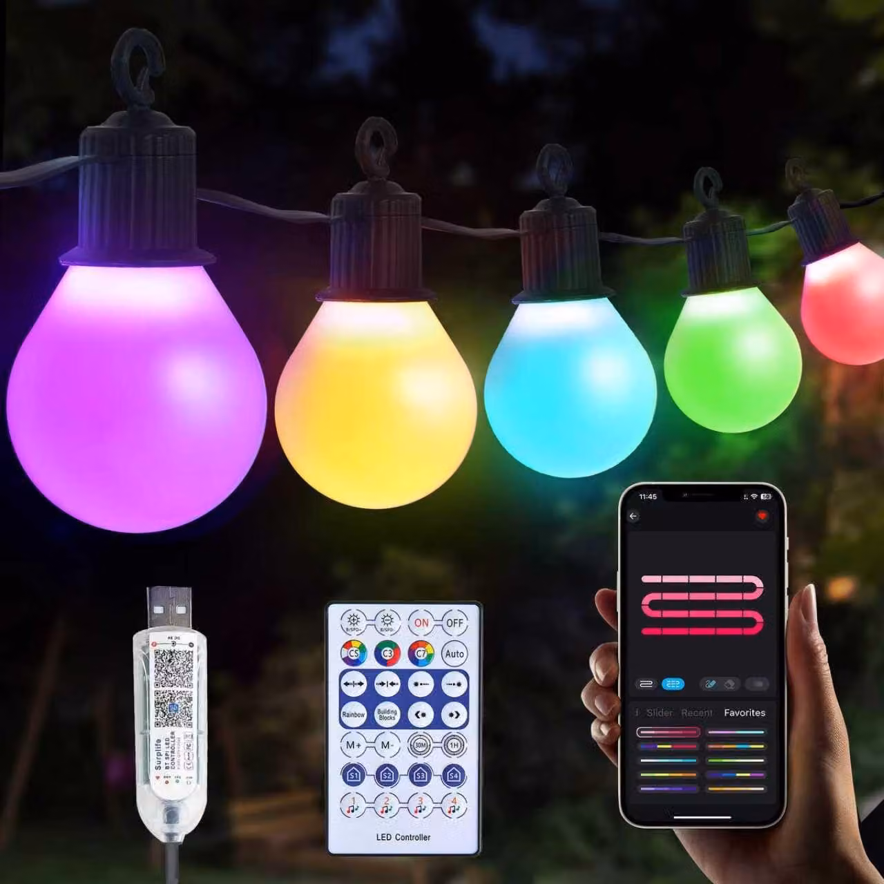 Catena luminosa a festoni, 15 metri, 25 LED RGBIC, grado di protezione IP65, con Bluetooth e telecomando