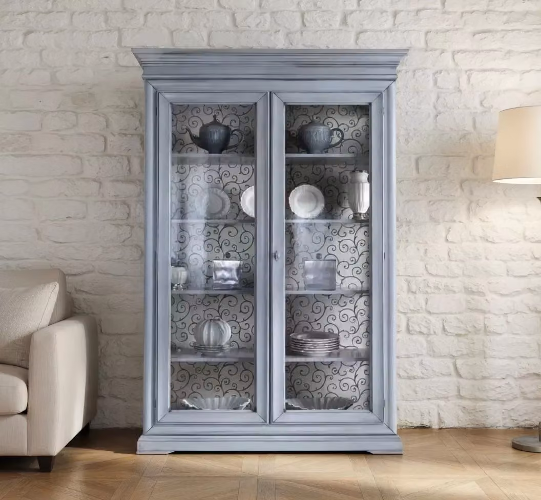 Vetrina shabby chic Mobili 2G in legno azzurro con ante in vetro L: 145 cm, P: 50 cm, H: 215 cm