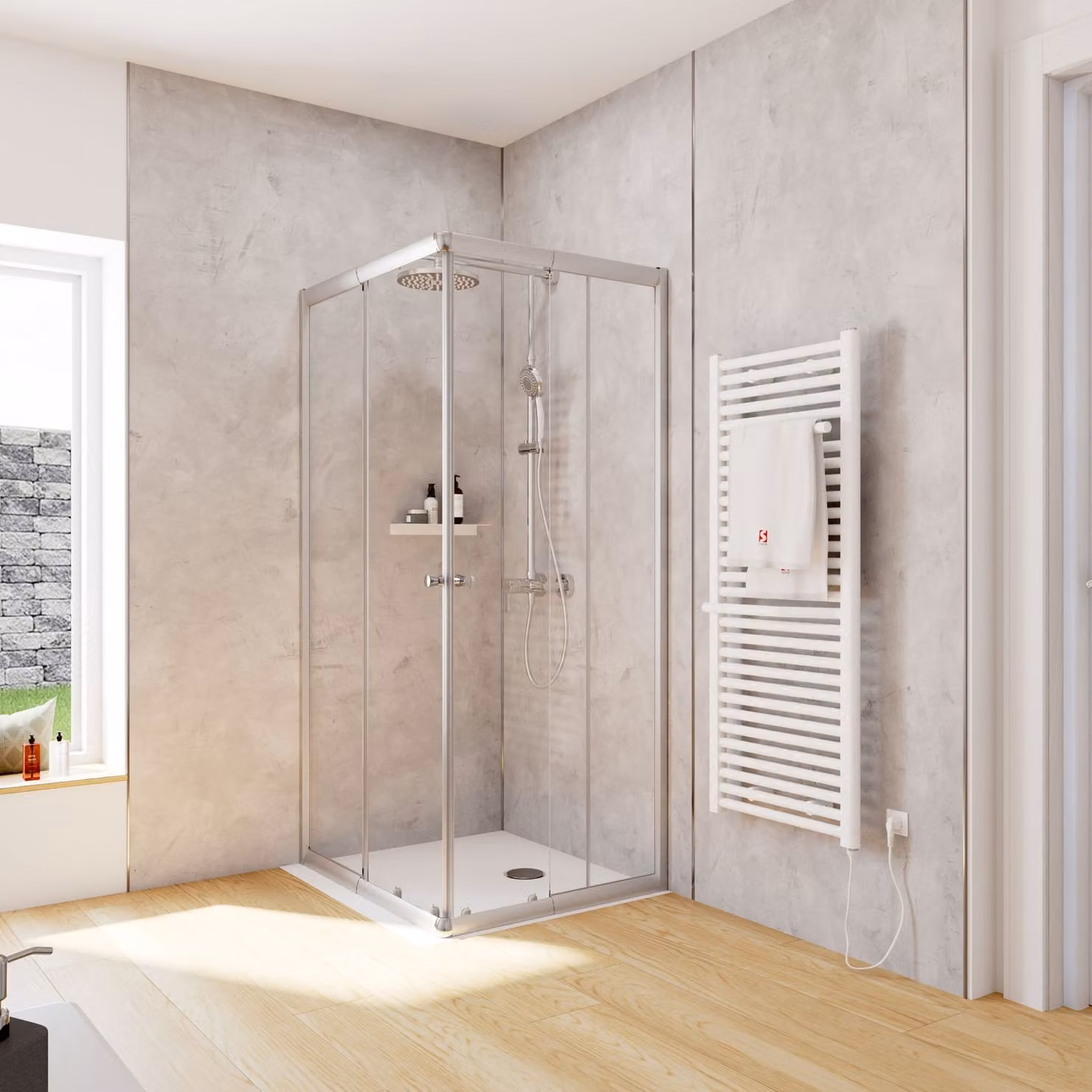 Cabina doccia Schulte Corner con ingresso angolare e porte scorrevoli, installazione su piatto doccia o piastrelle, vetro di sicurezza temperato da 4 mm, altezza: 180 cm, 90 x 75 cm, colore del profilo: argento, tipo di vetro: trasparente chiaro