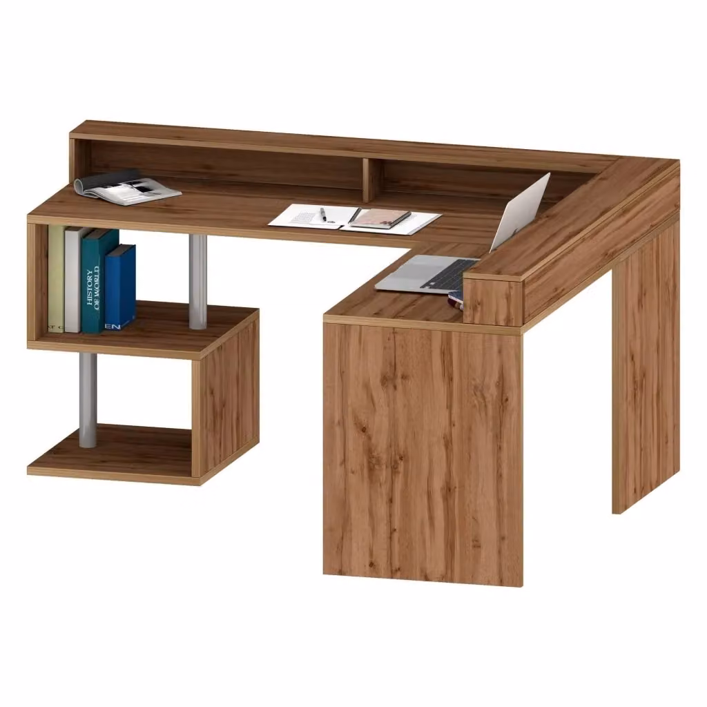 Scrivania angolare Auletta DMORA con ripiani portaoggetti, scritorio ufficio moderno in legno color rovere, L: 180 cm, H: 93 cm, P: 60 cm – 2