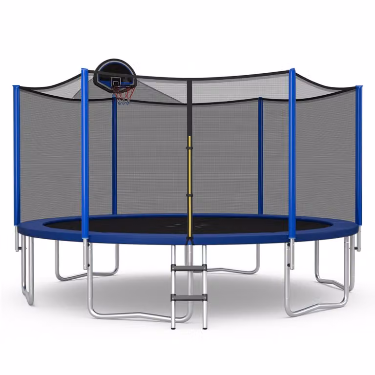 Trampolino Costway con canestro, rete di protezione e 72 molle per bambini e adulti, nero e blu