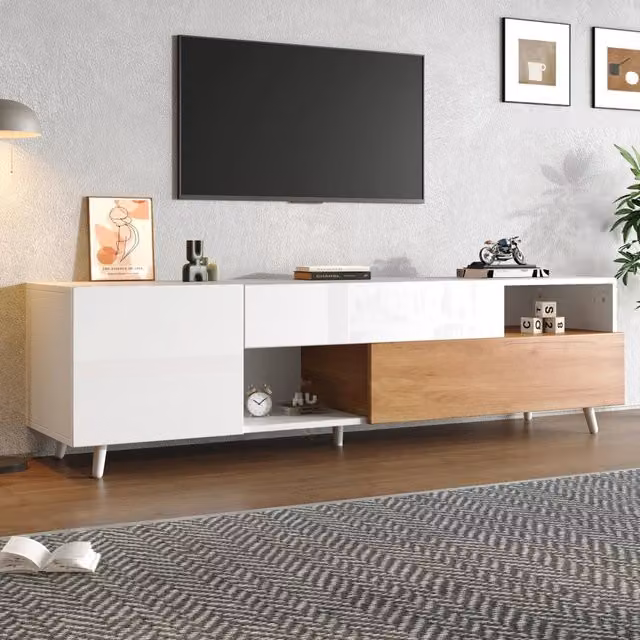 Mobile TV 180x38x50 cm con vano ribaltabile e cassetto in truciolare bianco naturale