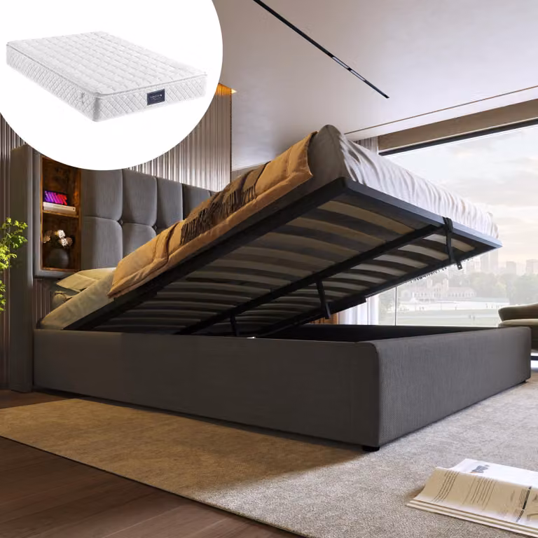 Letto matrimoniale con ricarica wireless USB C, struttura letto imbottita 160x200cm, struttura letto con contenitore a doghe grigio con materasso