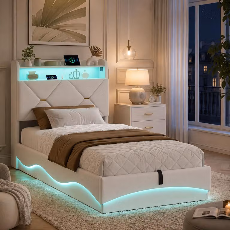 Letto imbottito INONEFT 90x200 cm con rete a doghe, letto con box e illuminazione LED, prese USB e Type-C, letto singolo per giovani con contenitore, rivestito in velluto color beige
