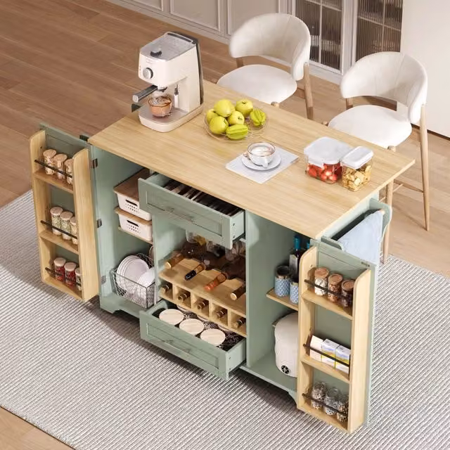 Carrello da cucina WISHDOR vintage verde con piano ribaltabile, portabottiglie, portabicchieri, portaspezie e porta asciugamani, L: 138 cm, P: 45/70 cm, H: 92 cm
