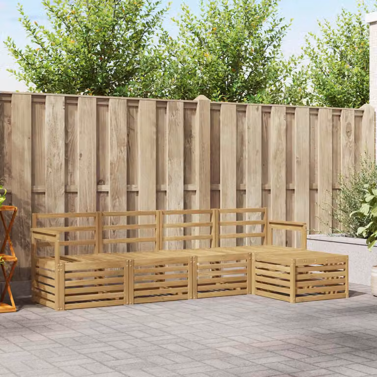 Set di divani da esterno vidaXL a forma di L in legno di acacia massello con cuscini bianchi e marroni per giardino e terrazza