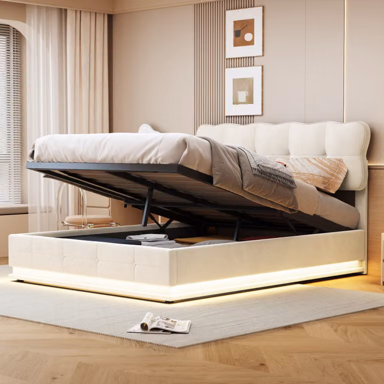 letto 160x200 cm con contenitore, illuminazione a LED, rete a doghe imbottita, rivestimento in velluto, beige