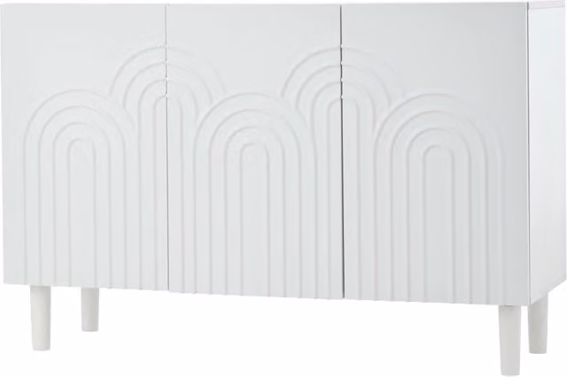 Mobiletto bianco in MDF 120x38,5x79 cm con 3 ante, ripiani regolabili e piedi da 16 cm per soggiorno, ingresso o ufficio