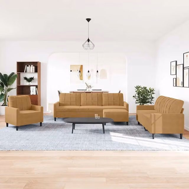 Set di divani moderno vidaXL in velluto marrone con pouf e cuscini per soggiorno