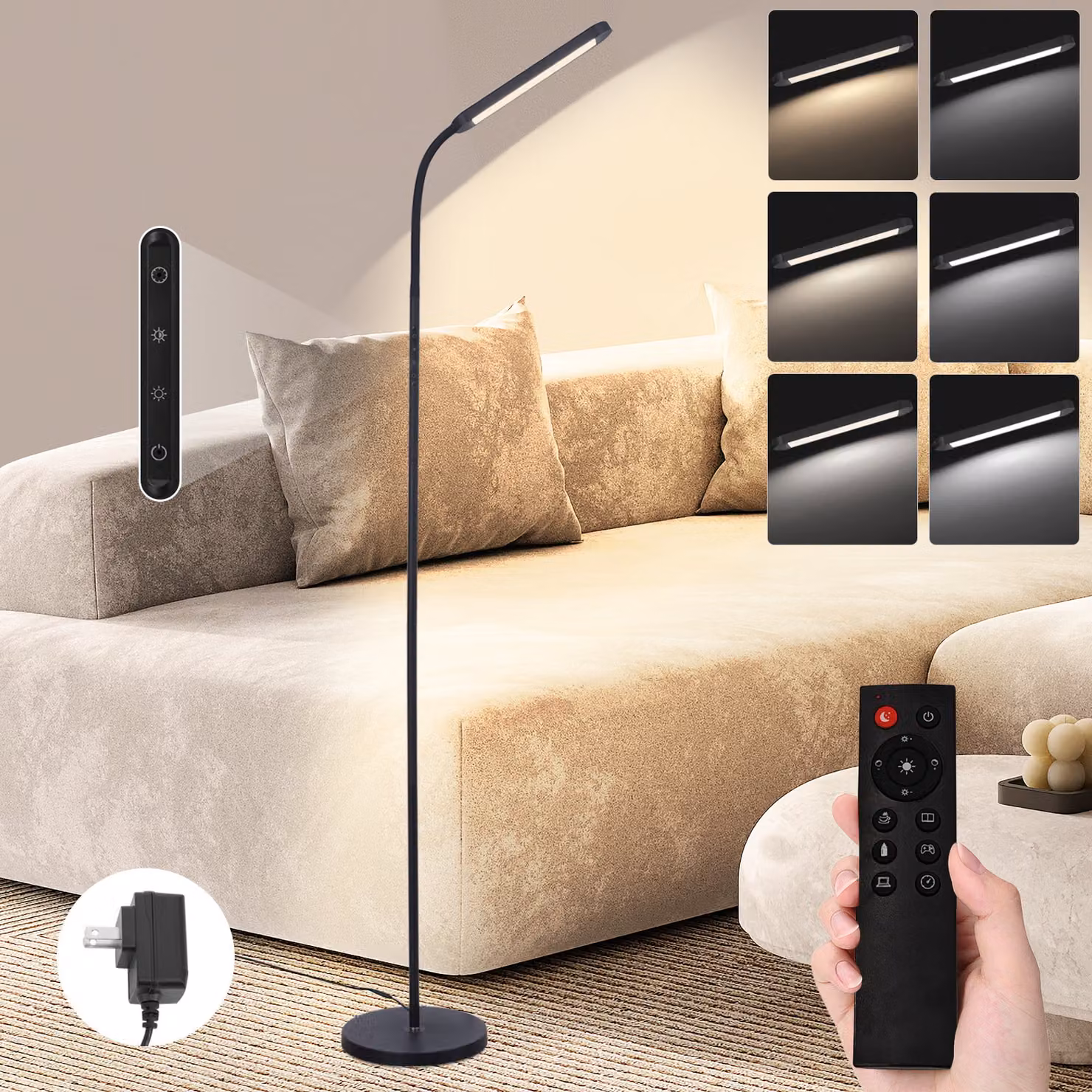 ZMH lampada da terra soggiorno lampada da terra dimmerabile lampada da terra LED nero 3000K-6000K luce da terra 11W 360° ruotabile lampada da lettura touch control timer lampada da terra con telecomando per camera da letto ufficio