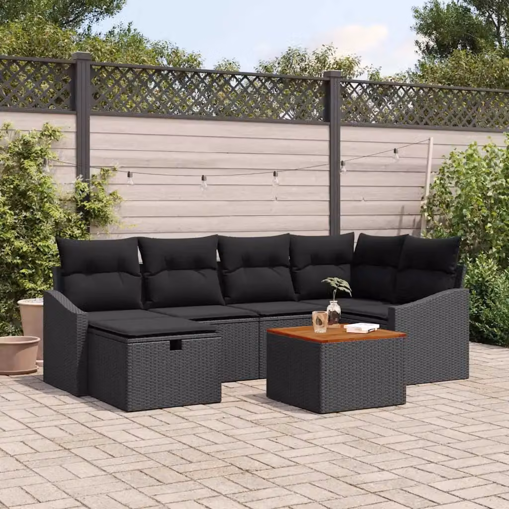 Set Divano da Giardino vidaXL 7 Pezzi in Polyrattan Nero con Cuscini e Tavolino – 1