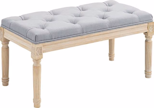 Panca HOMCOM da fondo letto in lino sintetico con seduta imbottita e gambe in legno, stile vintage, Grigio Chiaro – 1
