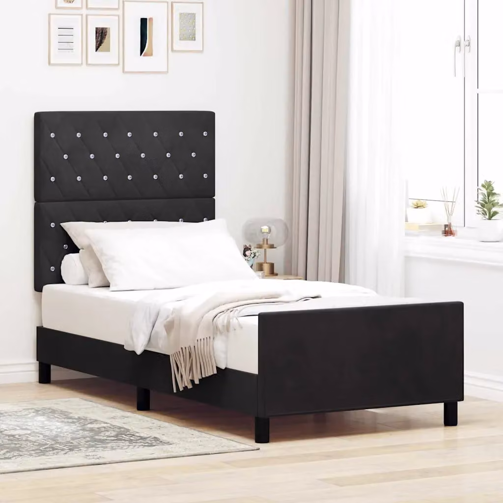 Letto a molle con testiera vidaXL in velluto nero, L/P/H: 90 x 190 x 128 cm