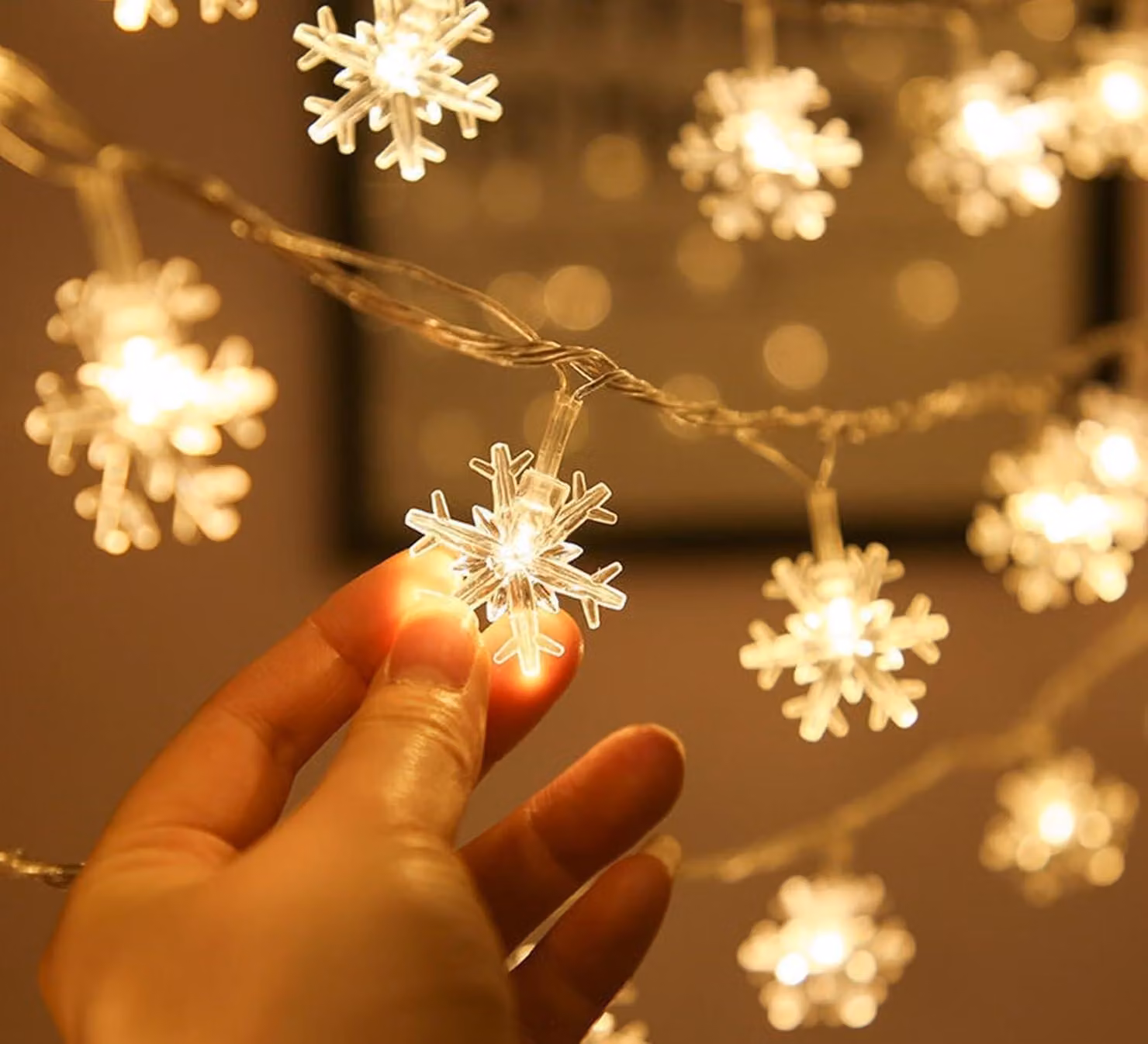 Catena luminosa a forma di fiocchi di neve, 6 metri, 40 LED, luce bianca calda, alimentazione USB, impermeabile