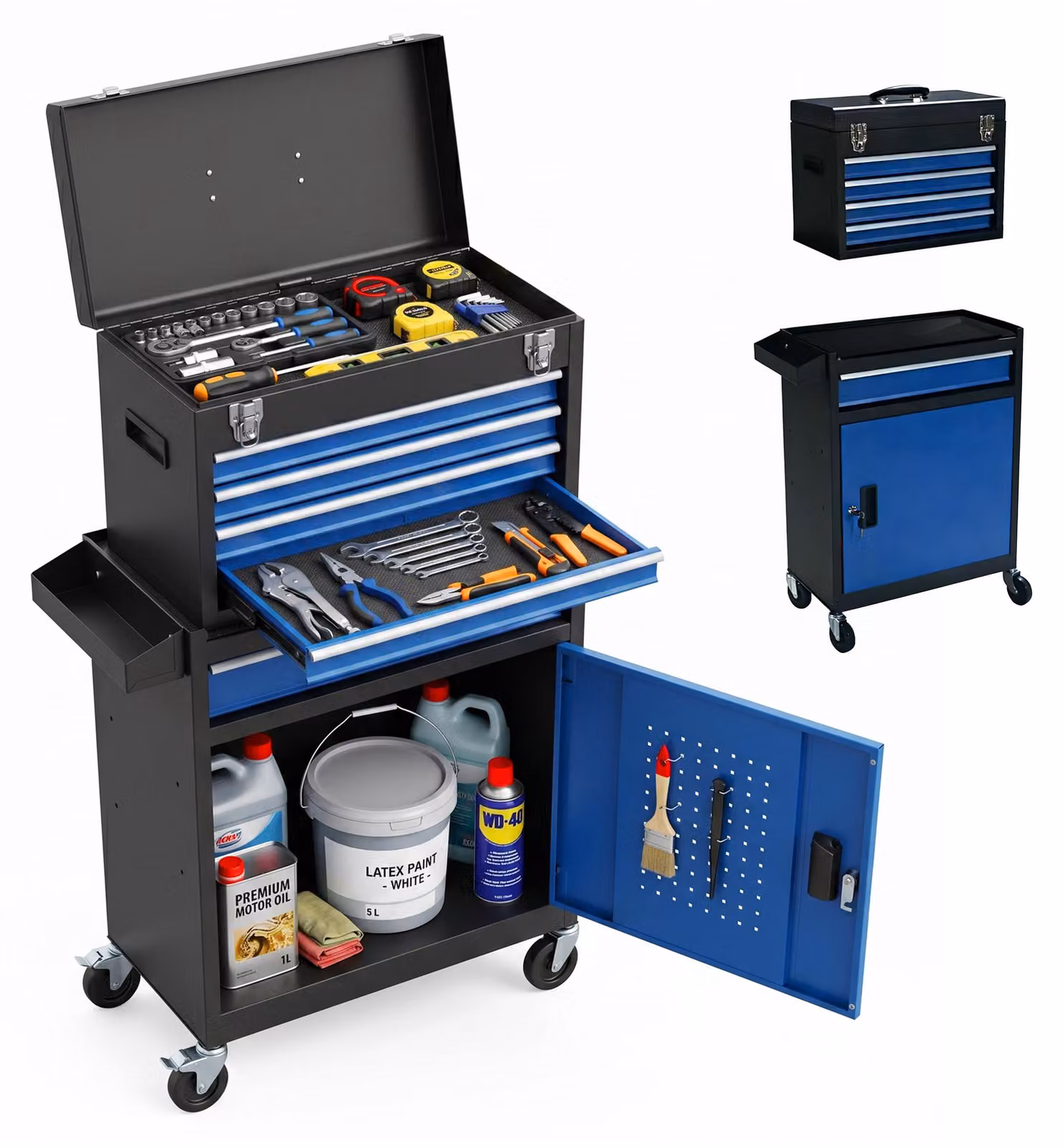 Carrello da officina Relaxdays, 5 cassetti e contenitore aggiuntivo, con serratura, L x P x A: 104 x 59,5 x 28 cm, carrello su ruote, acciaio, nero-blu