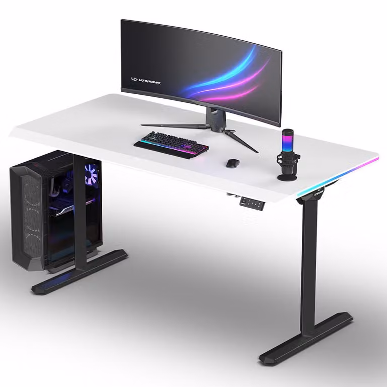 Ultradesk QUEST - Nero/Bianco - Scrivania da gaming con regolazione elettronica dell'altezza e illuminazione LED RGB prismatica, piano di 140x70 cm