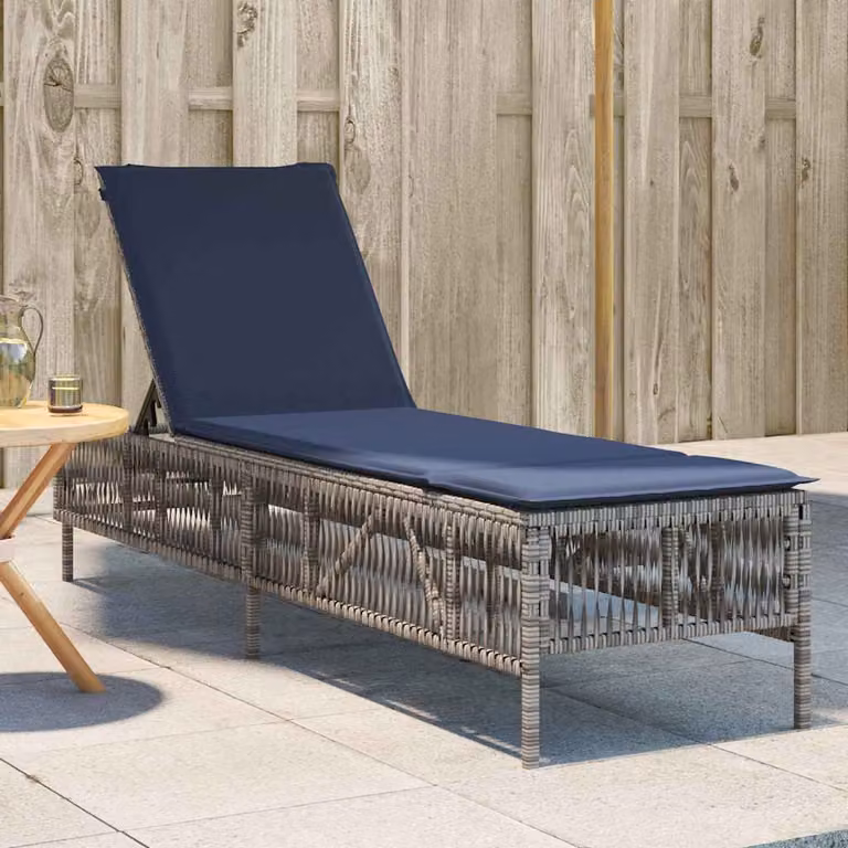 vidaXL Lettino prendisole in polyrattan grigio con cuscino blu regolabile