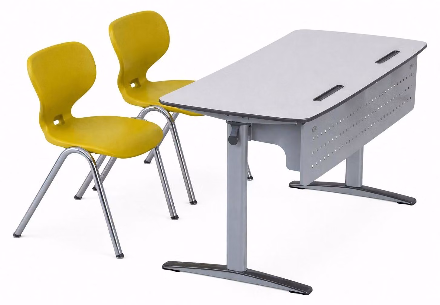 Set di arredi scolastici ergonomici con sedie gialle e un moderno banco di scuola
