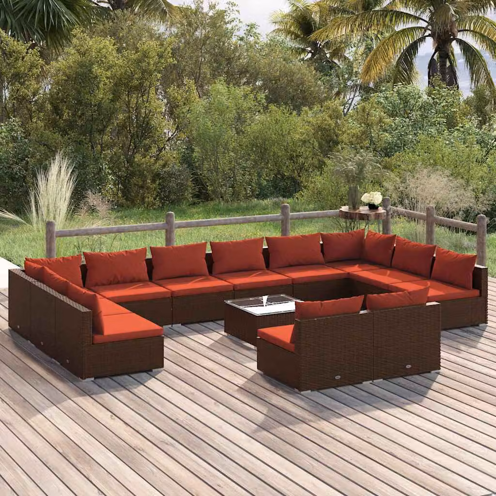 vidaXL Set Divani da Giardino 13 pz in Polyrattan Marrone e Rosso con Cuscini e Tavolino da Caffè