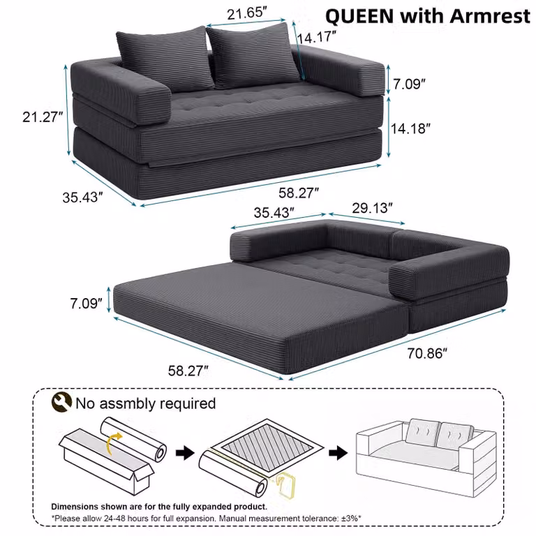 Divano letto - Queen size - Pieghevole - Materasso pieghevole - Con cuscini - Schienale - Rivestimento in tessuto - Grigio