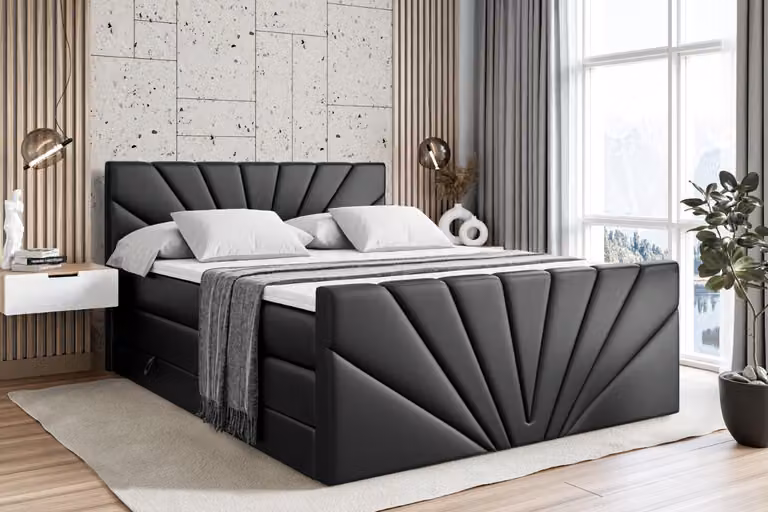 Letto boxspring ALTDECOR con pediera, 2 materassi e topper - 120x200 cm - MILTIO-Z KING - Pelle finta nera - Letto imbottito con materassi H3 e H4, contenitore e rete a doghe, letto con contenitore