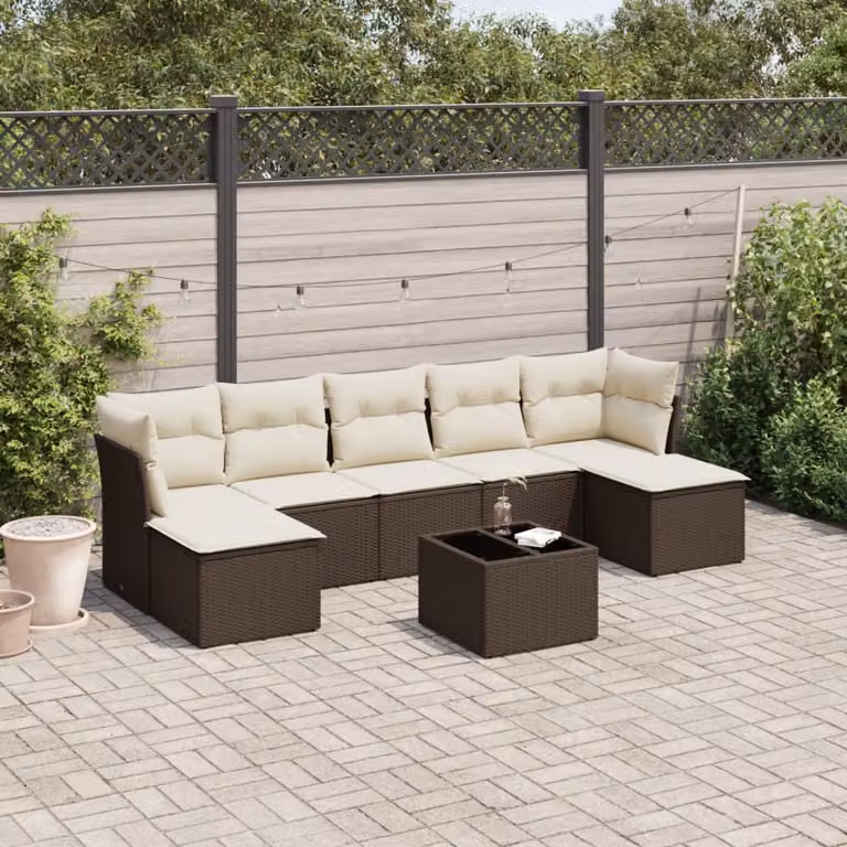 vidaXL Set Divani da Giardino 8 pz con Cuscini Marrone e Bianco in Polyrattan e Acciaio