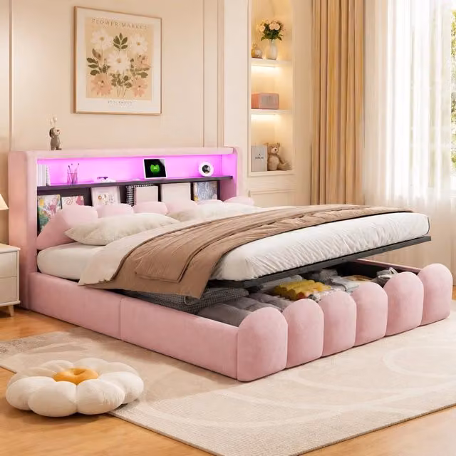 Letto contenitore 180x200 cm; matrimoniale con contenitore idraulico; testiera contenitore; LED; USB e Type-C; velluto; rosa
