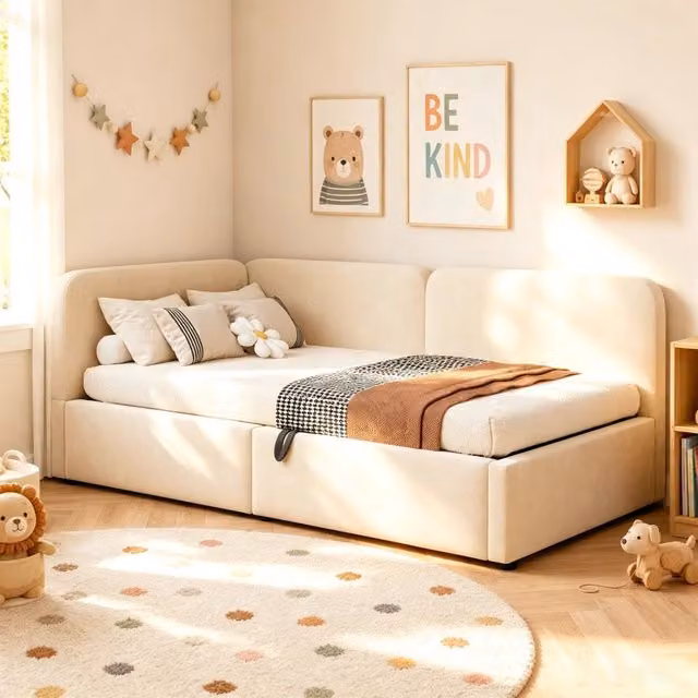 Letto contenitore 90 x 200 cm con contenitori e scrivania integrata, meccanismo idraulico, letto imbottito in tessuto beige con rete a doghe