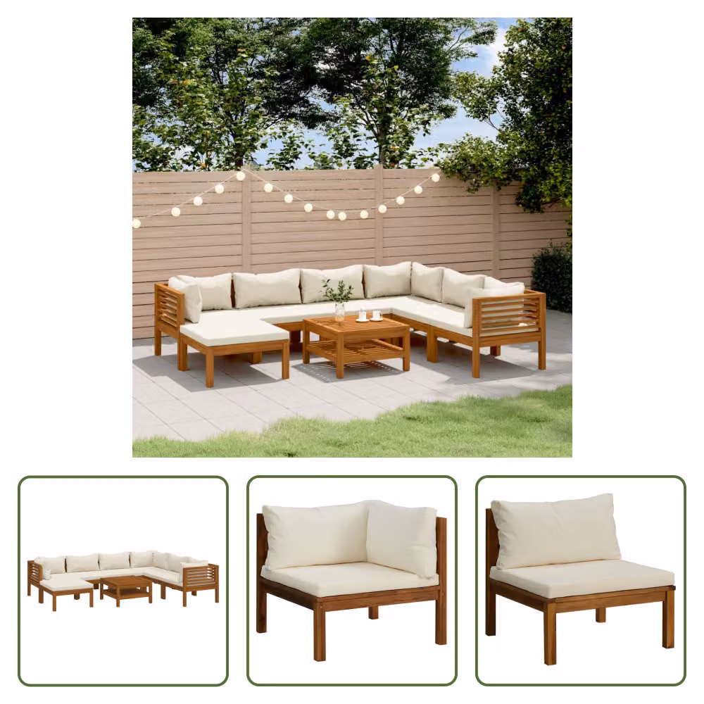 The Living Store Set da giardino da 8 pezzi con cuscini crema Legno massiccio di acacia