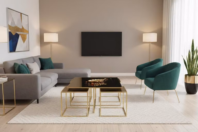 Tavolino da salotto moderno, minimalista, dorato, elegante, di classe e confortevole