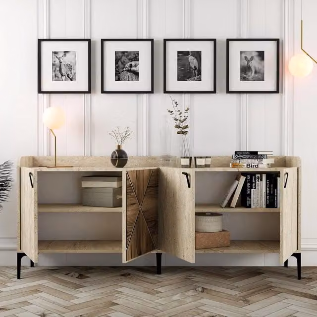 Madia Roatto DMORA, Credenza Moderna con 2 Ripiani, Beige e Marrone, L: 180 cm, P: 35 cm, H: 78 cm – 1