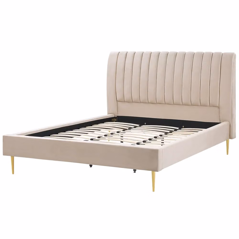 Letto imbottito Beliani in velluto beige sabbia e oro con rete a doghe in legno, L/P/H: 180 x 200 x 124 cm – 2