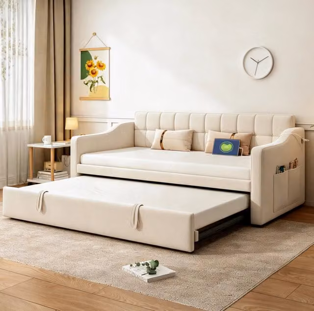 Letto Divano in Velluto Beige 90x190 cm con Letto Estraibile, Porte USB e Tasca Portaoggetti